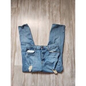 BDG Stretch High Rise Slim Straight Button Fly Blue Denim Jeans Distressed Sz 32